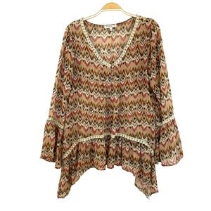 Blue Pepper Boho Bell Sleeve Blouse Top Women Size L Tan Sheer Ruffle Lagenlook
